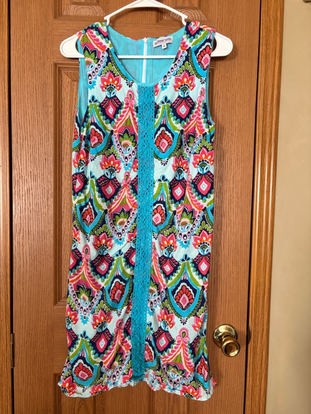 Sleeveless Turquoise Multi-Color Printed Mini Dress with Crochet Panel